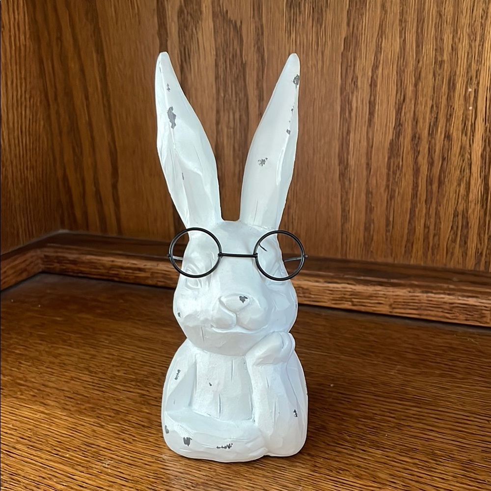Charming White Rabbit Sculpture with Glasses
